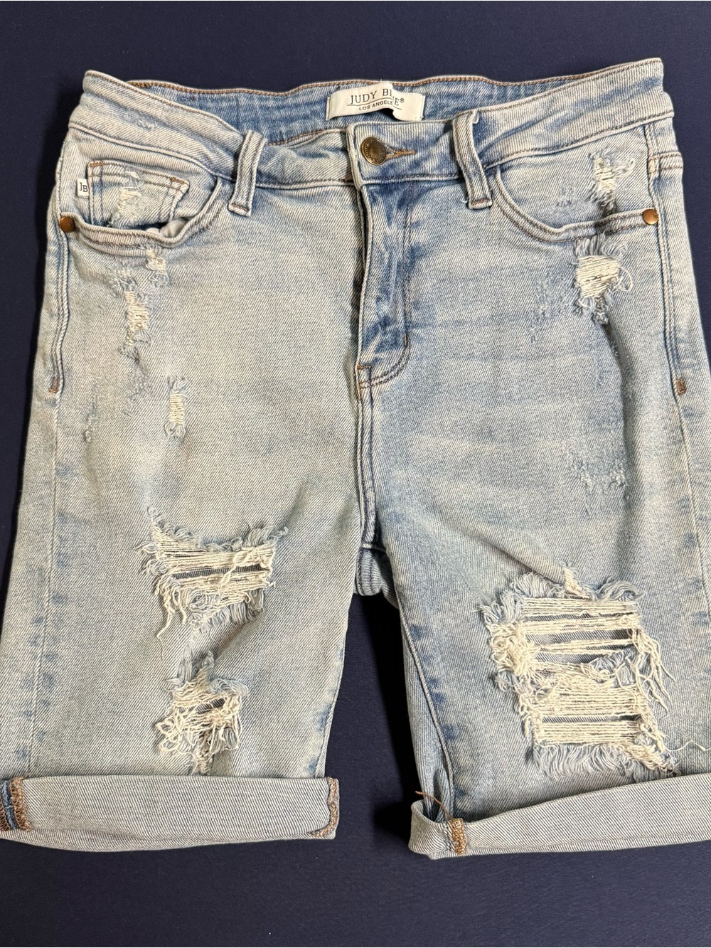 Judy Blue Jean Shorts Womens M Blue Distressed Cuffed Bermuda shaping stretch